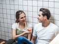 Women are feeding fruit to men. Concept lover couple