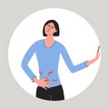 Women feeling pain of the right side of abdomen. Appendicitis, liver disease symptom. Flat vector medcal illustration