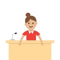Women female girl people consultant. Table Information desk counter microphone.