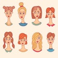 Women females doodle portraits avatars vector set