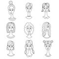 Women portraits doodle vector set