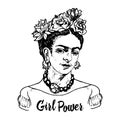 Women Feminist with flowers. Portrait of mexican female in traditional national dress. Inscription Girl Power. Engraved Royalty Free Stock Photo