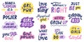 Women feminist quotes. Female motivational slogan, body positive and inspirational hand drawn letterings. Women