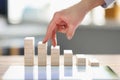 Women fingers climb up wooden block closeup