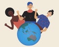 Women with fist, planet earth isolated, flat vector stock illustration as concept of equality, feminism with multicultural