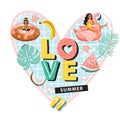 Women floating and sunbathing on inflatable ring. Heart shape composition with tropical fruits, leaves,