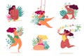 Women in flowers. Body positive ladies in beautiful tropical leaves and plants. Females set with bouquets sunbathe on