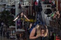 Women flying through air on zip line in Las Vegas downtown Royalty Free Stock Photo