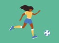 Vector illustration of young female soccer player running and kicks ball on green football field Royalty Free Stock Photo