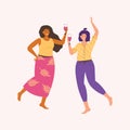 Women friends. Girlfriends spend time together, dance, laugh and drink wine. Female friendship. People at a dance party. Cute