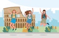 Women friends jumping with backpack and camera to colosseum adventure