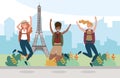 Women friends jumping with backpack to travel in eiffel tower