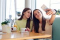Women friends on coffee break at cafeteria using mobile phone Royalty Free Stock Photo