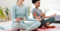 Women friends, yoga and meditation on floor with namaste, peace or zen fitness in home living room. Girl team, personal
