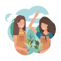 Women gardeners with landscape avatar character