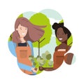 Women gardeners with landscape avatar character