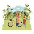 Women gardeners with landscape and bicycle