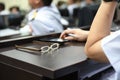 Women glasses placed on the table in the meeting room