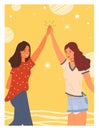 Women greeting each other. Female characters give five and rejoice standing with hands together Royalty Free Stock Photo
