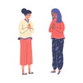 Women greeting each other with folded palms, flat vector illustration isolated.