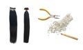 Women hair extension accesories and a fake black or dark har tail. Concept shot of a fake hair tail, pliers, and micro rings,