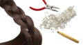 Women hair extension accesories and a fake brown har tail braided. Concept shot of a fake hair tail, pliers, tubes and a lacer, Royalty Free Stock Photo