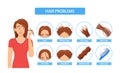 Women Hair Problem Infographics. Female with Bald, Unduly, Split, Oily, Damage, Grey Hair, Dandruff and Hair Loss