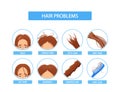 Women Hair Problem Infographics Icons. Female Character with Bald, Unduly, Split, Oily, Grey Hair, Dandruff or Hair Loss