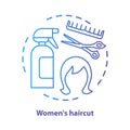 Women haircut blue concept icon. Hair care and treatment products. Hairstyling idea thin line illustration. Hairdresser