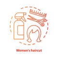 Women haircut blue concept icon. Hair care and treatment products. Hairstyling idea thin line illustration. Hairdresser