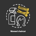Women haircut chalk concept icon. Hair care and treatment products. Hairstyling, hairdo idea. Hairdresser salon