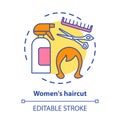 Women haircut concept icon. Hair care and treatment products. Hairstyling idea thin line illustration. Hairdresser salon