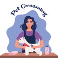 Women hairdresser grooming a dog in pet groom saloon. Woman with hair dryer and comb in her hands dries the dog`s fur. Pet Royalty Free Stock Photo