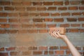 Women hand holding a brick with brick wall background