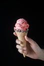 Women hand holding strawberry ice cream and waffle cone decorated with white sesame and black sesame on black background Royalty Free Stock Photo