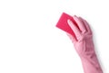 Women hand with pink rubber glove cleaning white surface with sponge Royalty Free Stock Photo