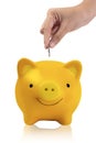 Women hand putting coin into yellow piggy bank