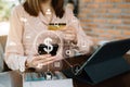 women hand working with laptop computer, tablet and smart phone in modern office with virtual icon diagram at modern office Royalty Free Stock Photo