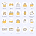 Women handbags flat line icons. Bags types - crossbody, backpacks, clutch, totes, hobo, leather briefcase, luggage