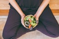 Woman hands holding with eating healthy salad for breakfast,Clean eating and dieting Royalty Free Stock Photo