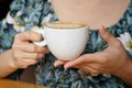 Women hands holding hot cup of coffee or tea in morning sunlight Royalty Free Stock Photo