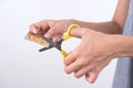 women hands holding scissors cutting credit card. bankruptcy fin Royalty Free Stock Photo