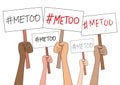 Women hands holding sign boards with Metoo hashtag word, isolated on white. Me too movement. Anti sexism protest against inappropr Royalty Free Stock Photo