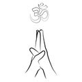 Women hands in prayer namaste gesture and om sign simple outline minimalistic linear style. Vector Illustration of female hands Royalty Free Stock Photo