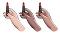 Women hands with red nails holding lipstick, Makeup salon advertising. Beauty clipart in vector Royalty Free Stock Photo