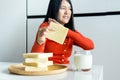 Woman hands refusing white bread,Female having allergy to bread,Food intolerance defined concept Royalty Free Stock Photo