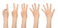 Women hands show the number one two three four five, on white background