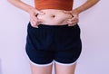 Woman hands squeezing cellulite on belly skin excess,Orange peel skin,Copy space for text on white background