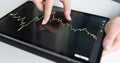 In women hands tablet with pattern of red and green candlesticks at stock exchange auctions