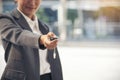 Women Hands using remote control car key. Close up hands of young woman showing key of new car. Businesswoman smile holding car Royalty Free Stock Photo